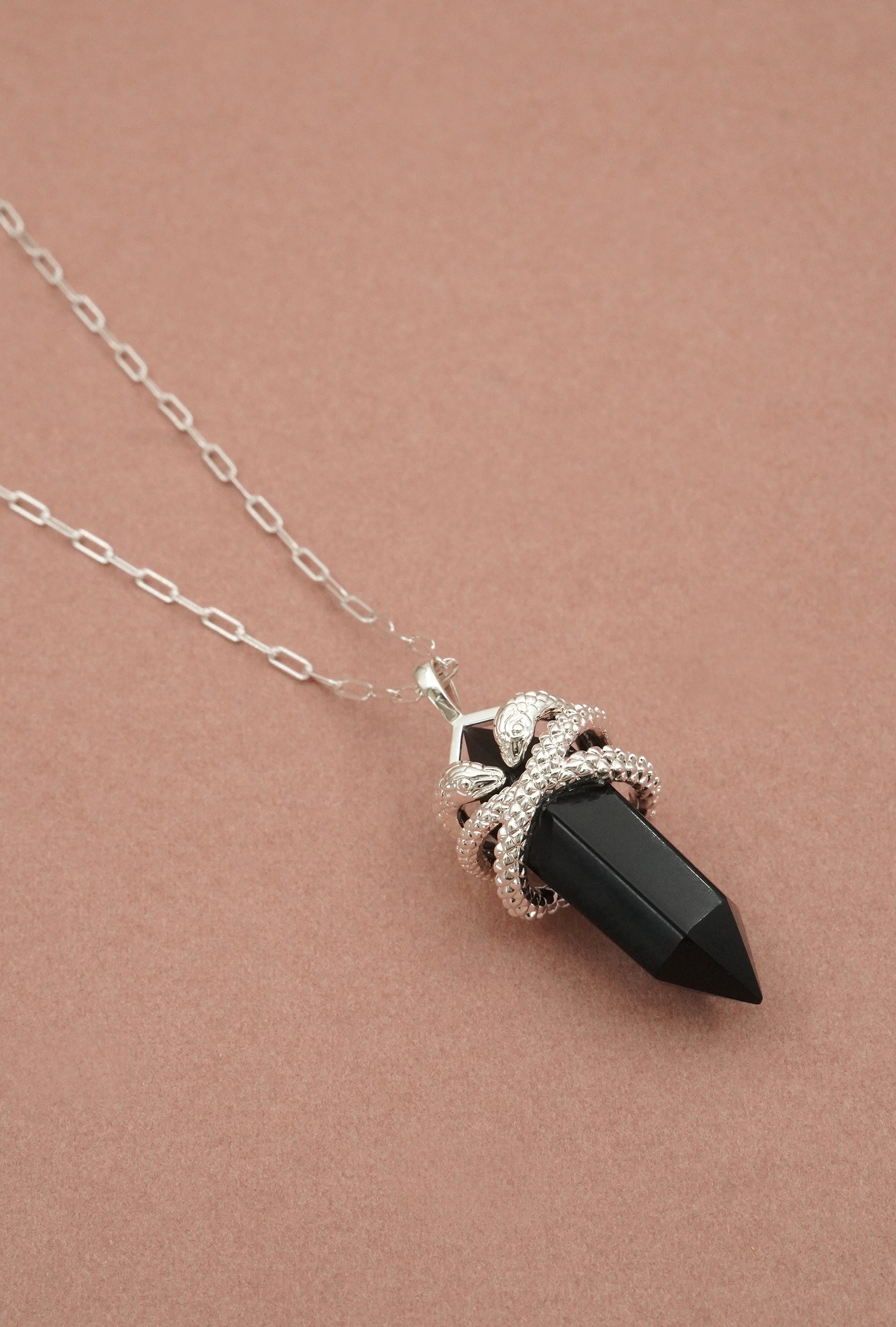 Black Agate Sacred Serpent Necklace - Silver