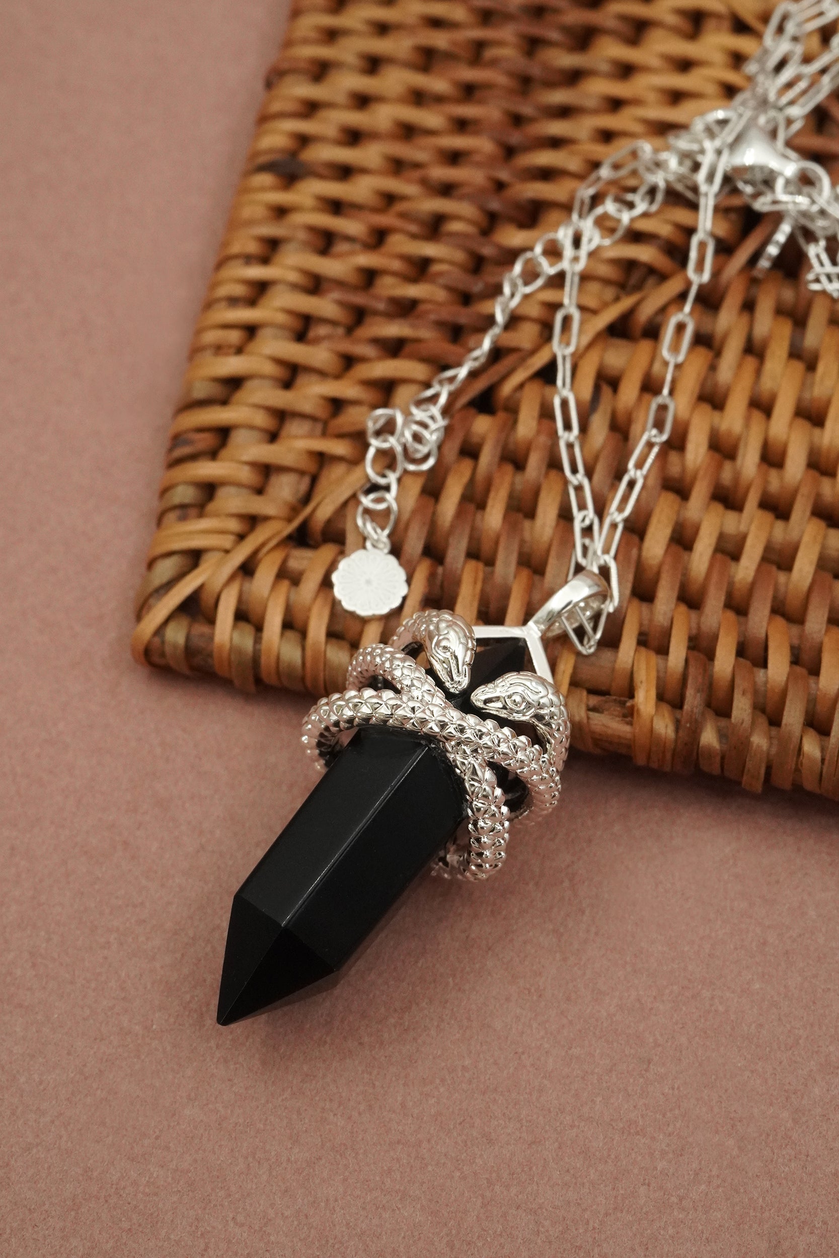 Black Agate Sacred Serpent Necklace - Silver