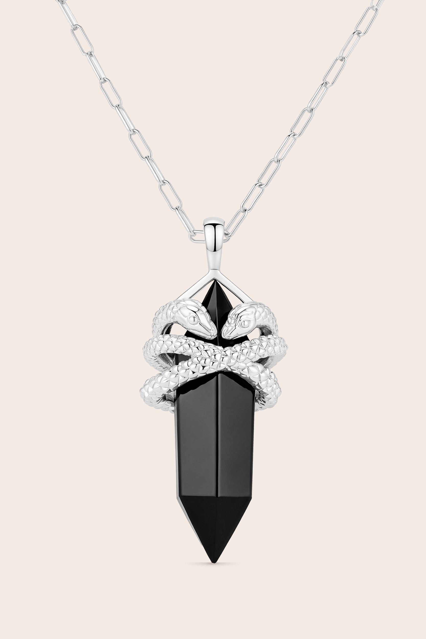 Black Agate Sacred Serpent Necklace - Silver