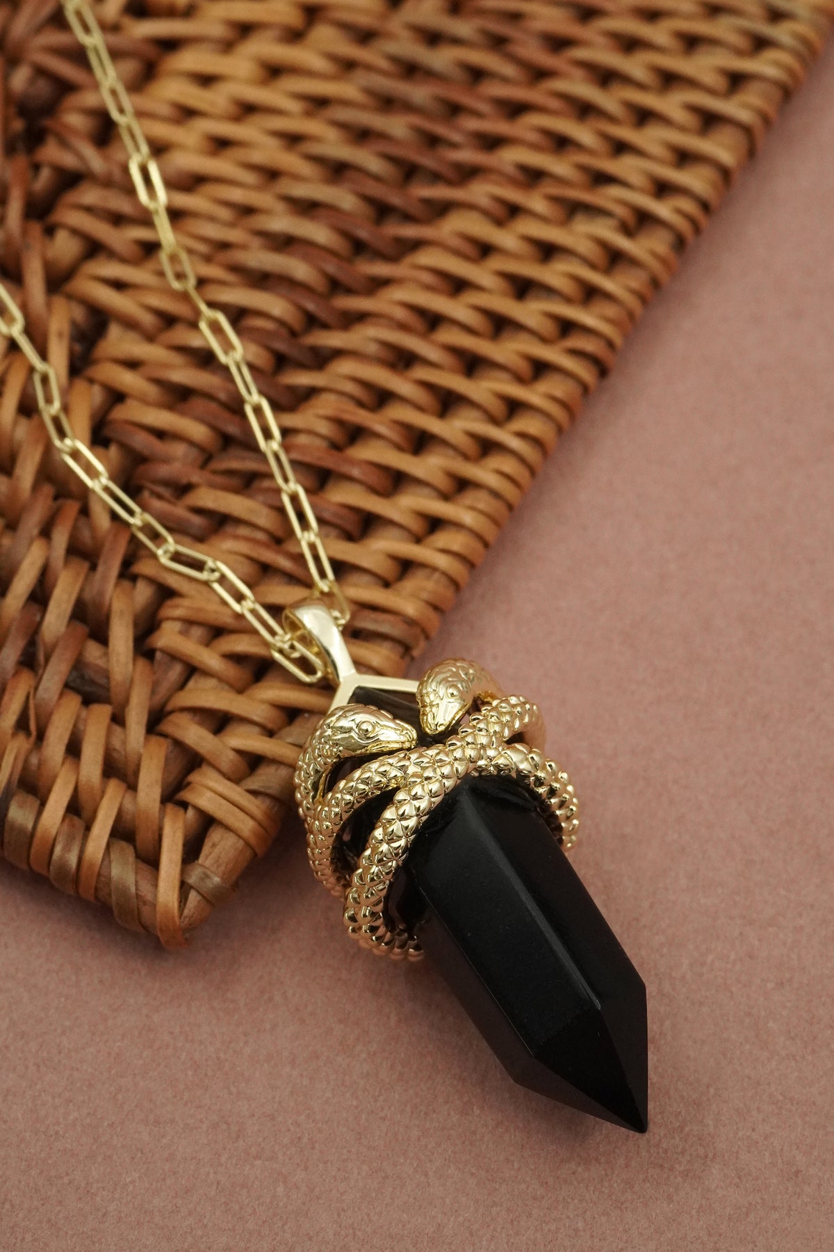 Black Agate Sacred Serpent Necklace - Gold
