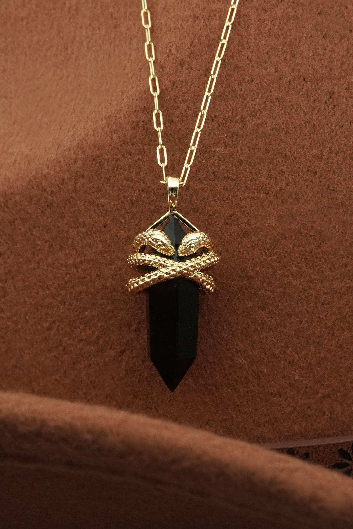 Black Agate Sacred Serpent Necklace - Gold