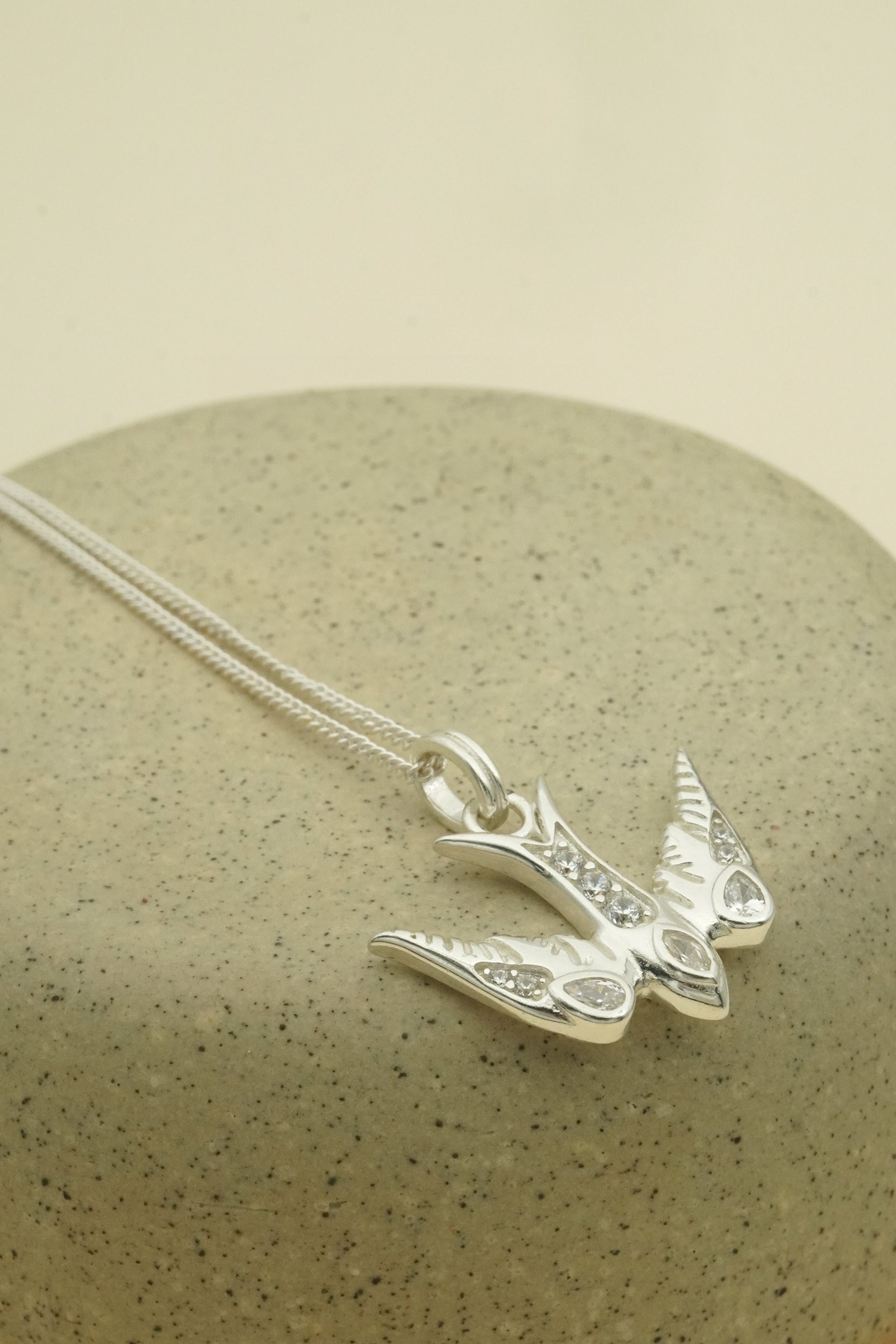 Silver necklace with a detailed pendant on a beige surface