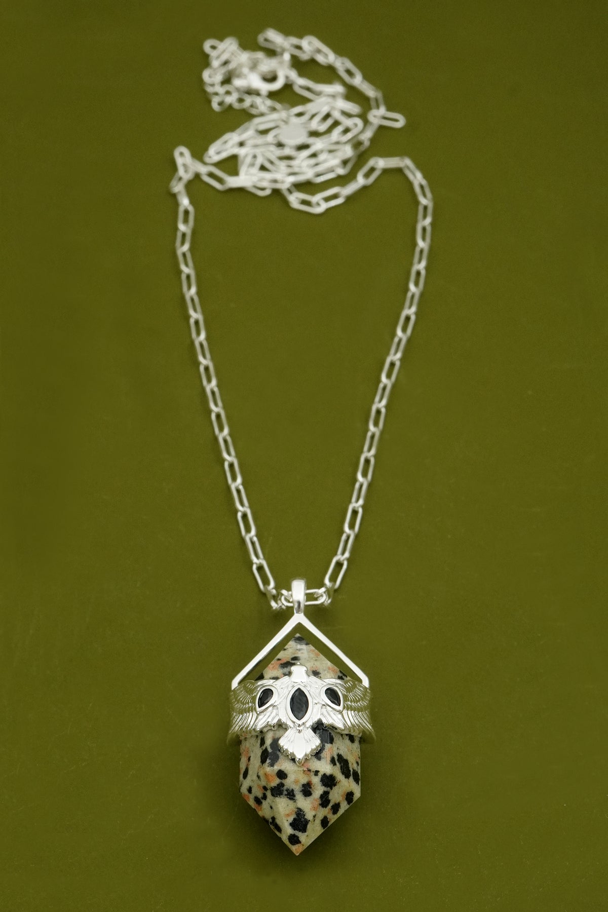 Silver Necklace with a dalmatian jasper stone pendant and NZ bird design on a green background