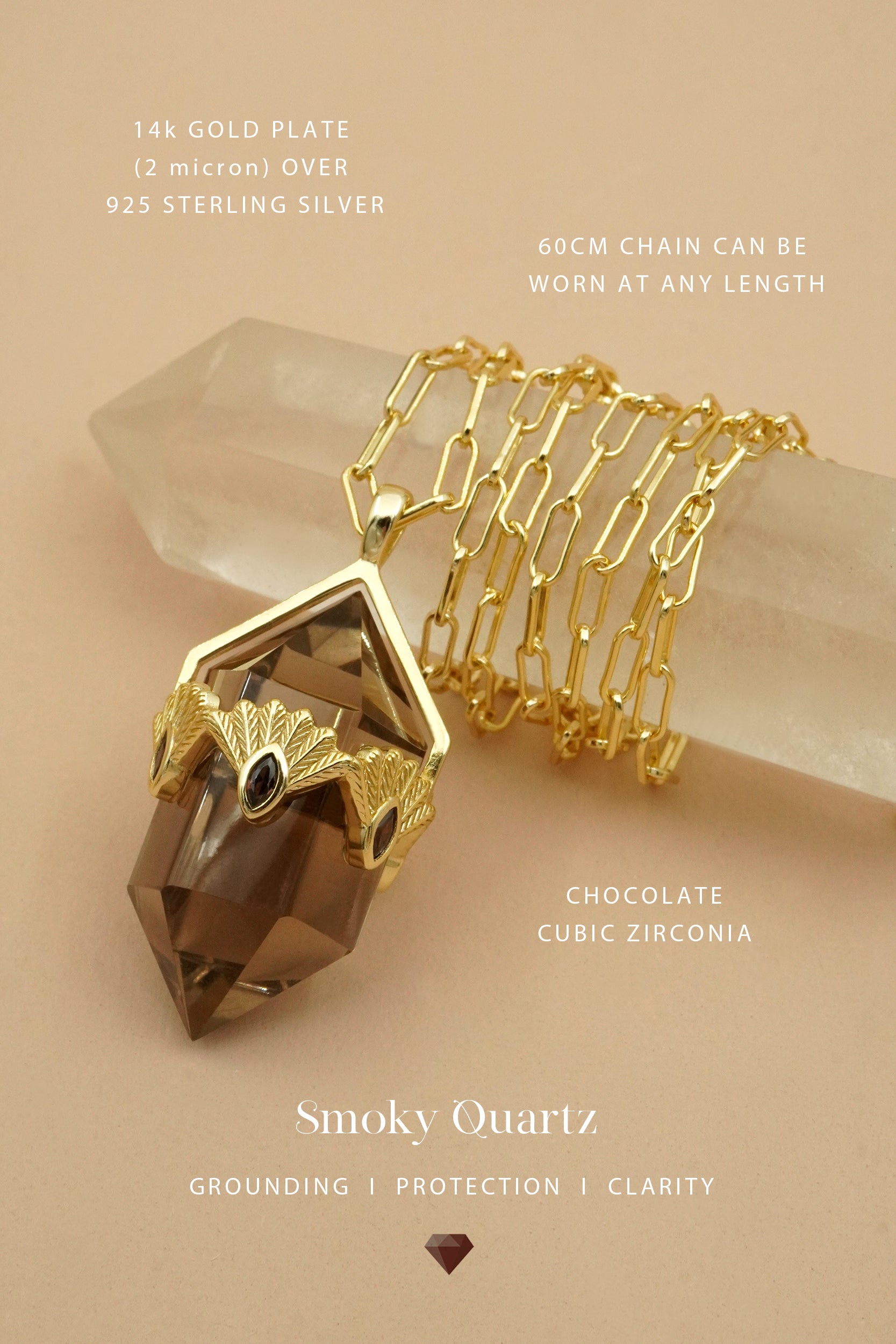 Smoky Quartz Fantail Necklace - Gold