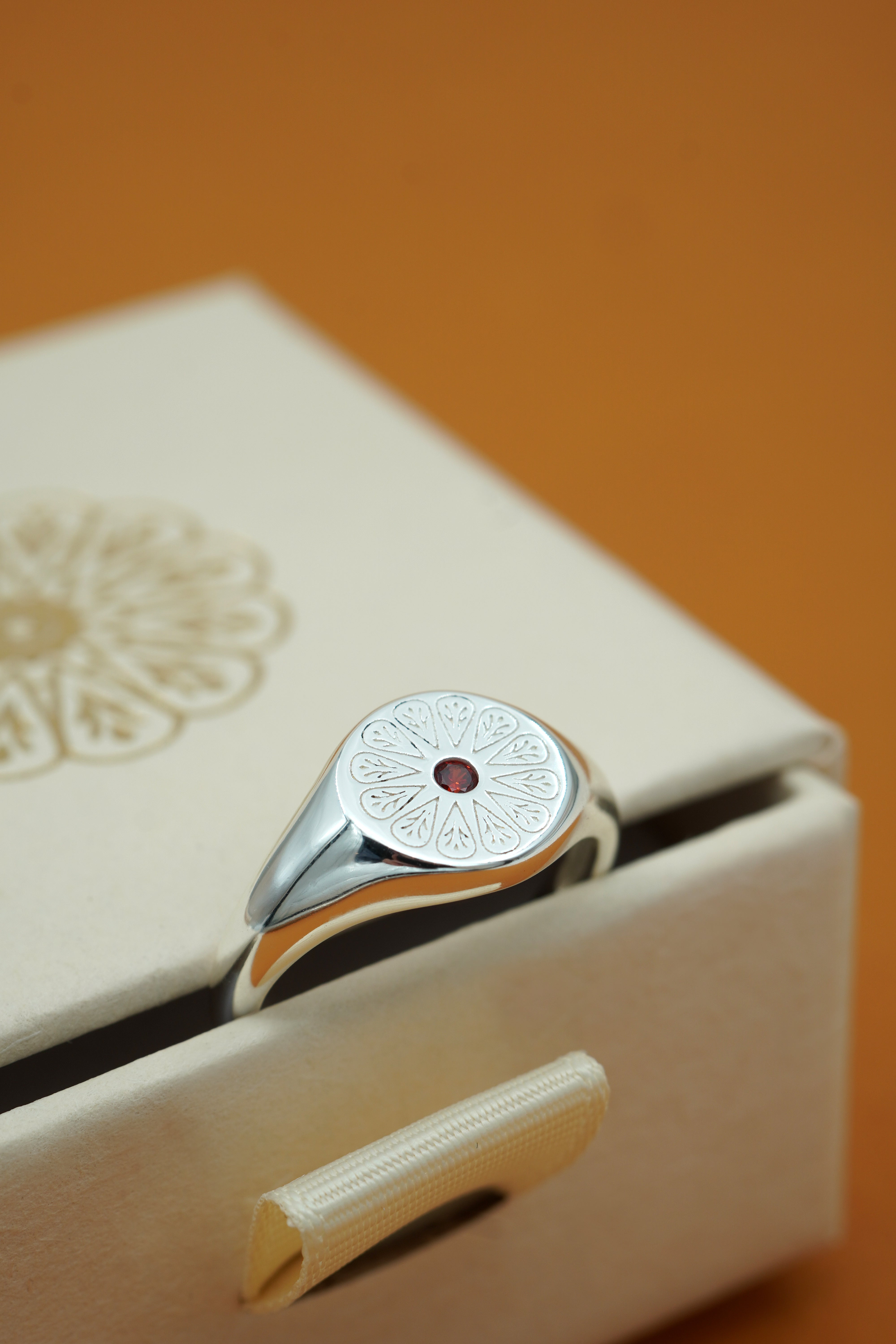 Silver January Garnet Signet Birthstone Ring on cream background