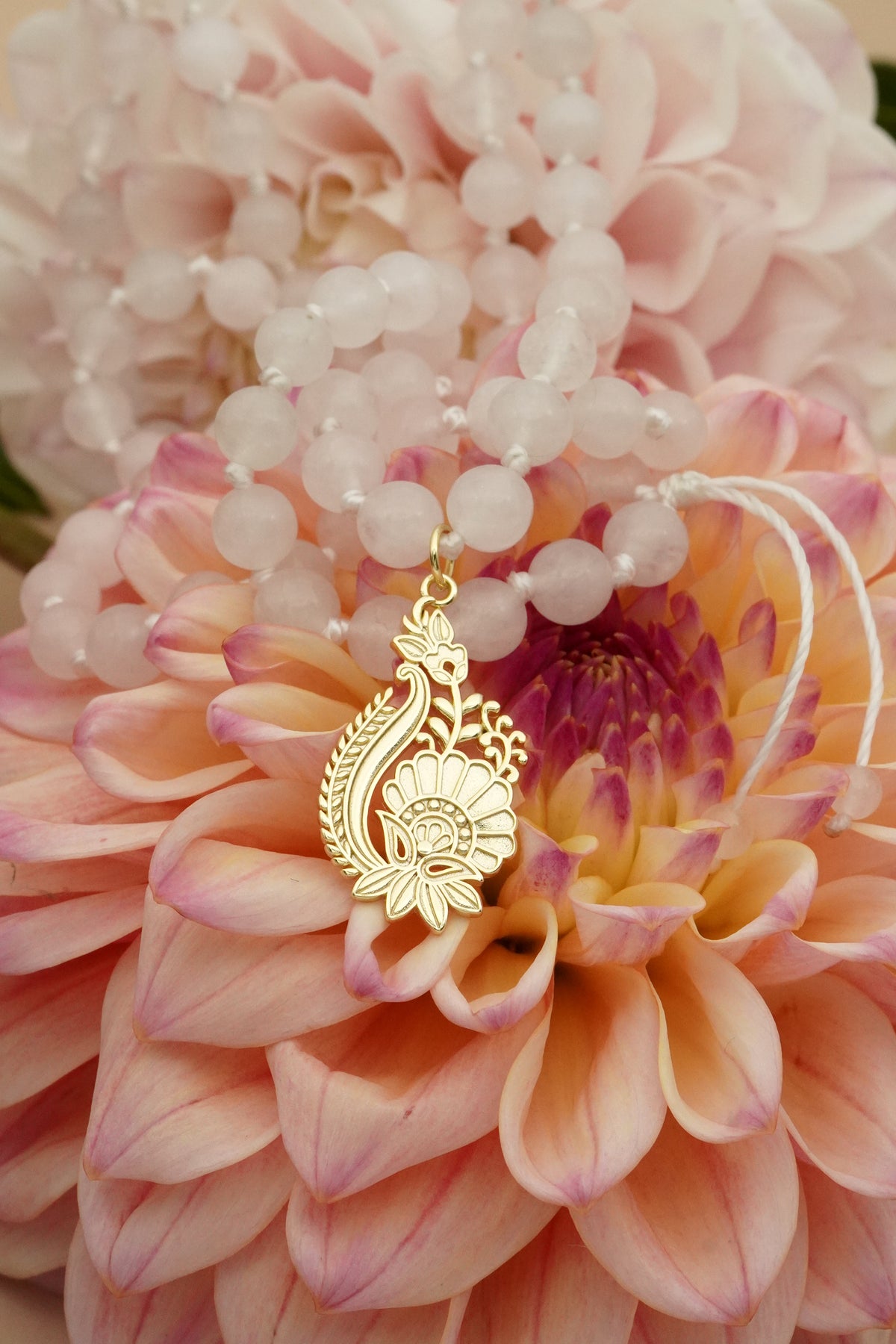In Bloom Rose Quartz Mala Necklace - Gold