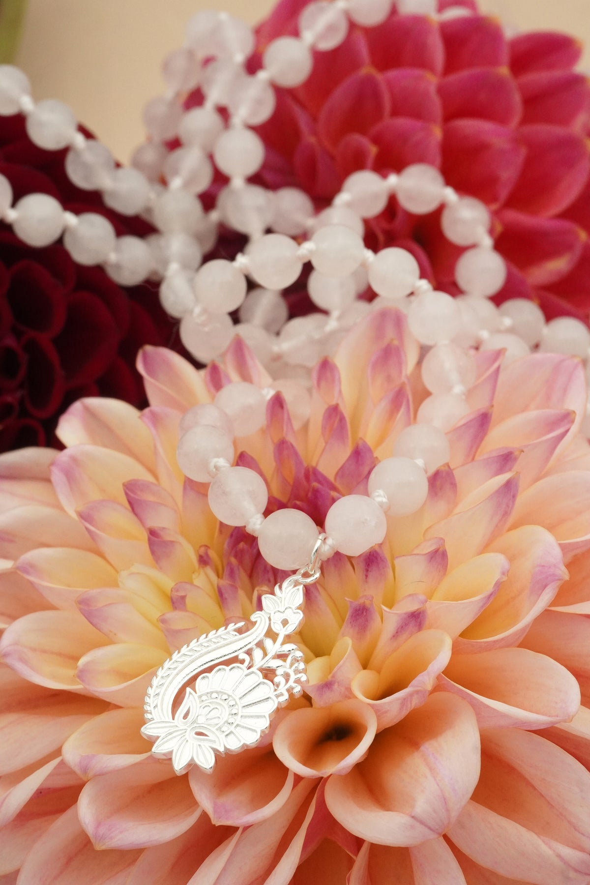 In Bloom Rose Quartz Mala Necklace - Silver