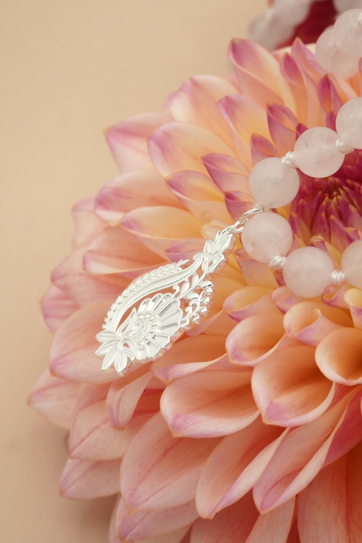 In Bloom Rose Quartz Mala Necklace - Silver