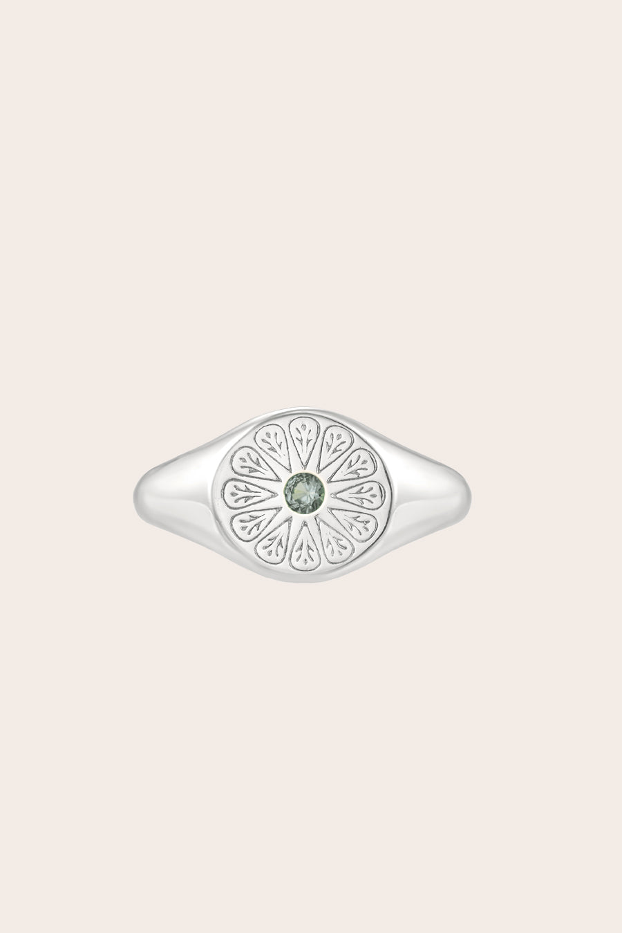 Silver March Aquamarine Birthstone Signet Ring on cream background