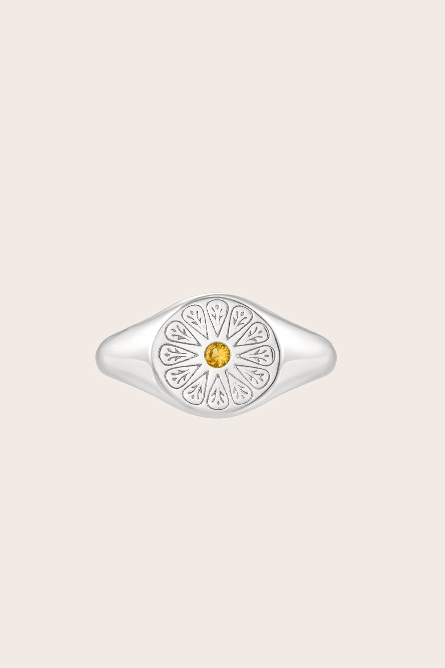 Silver Citrine November Signet Birthstone Ring on cream background