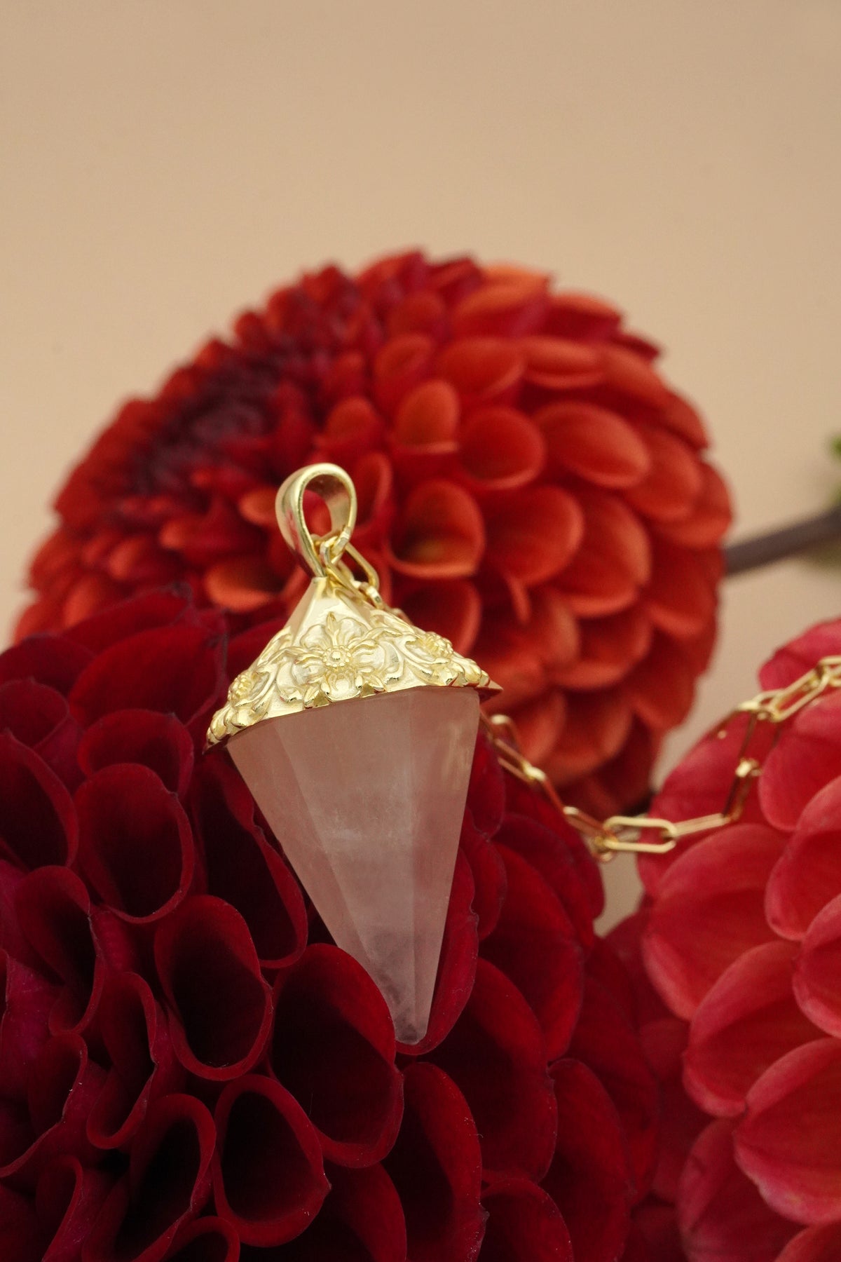 Follow Your Heart Rose Quartz Pendulum - Gold