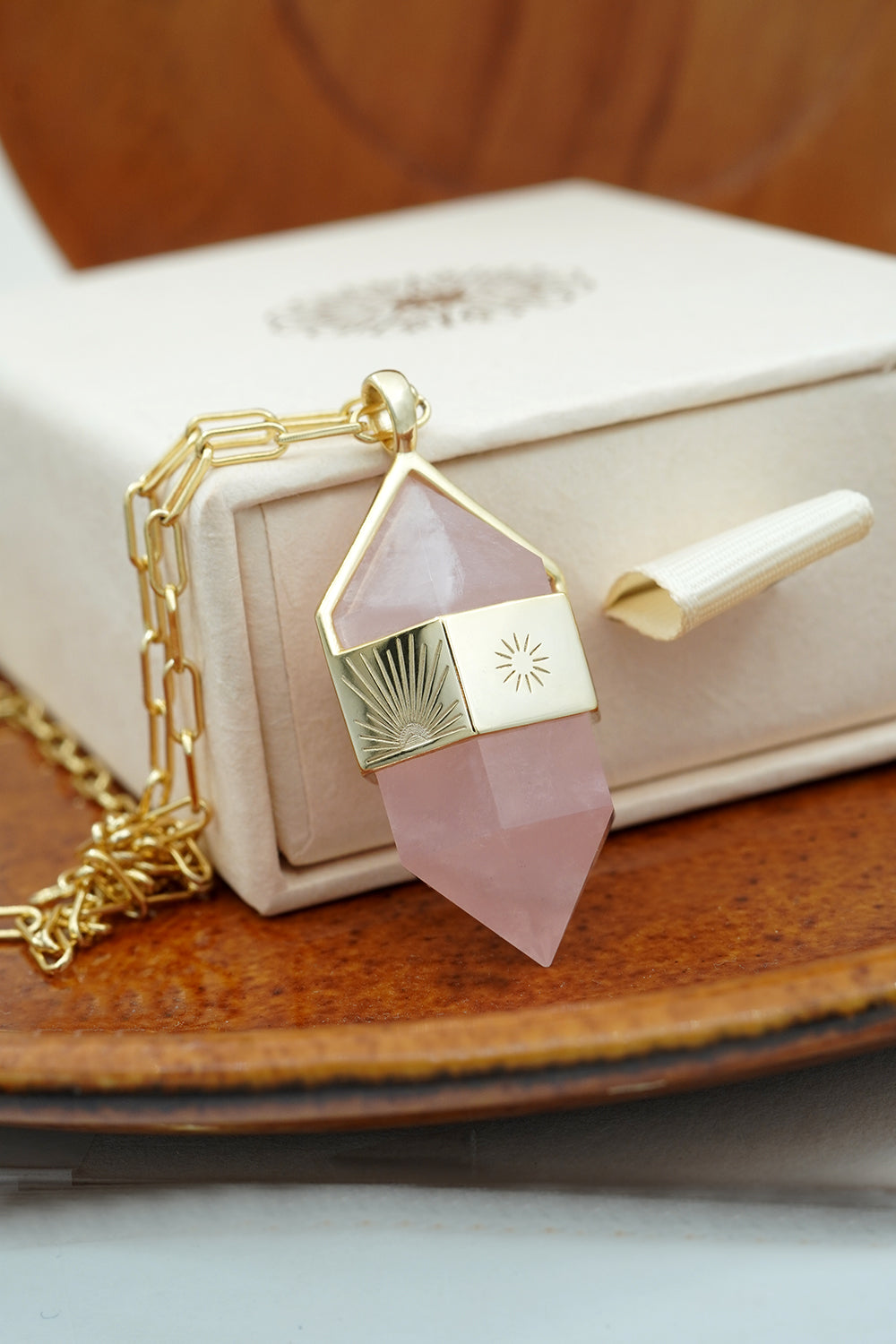 Rose Quartz Pendant Necklace and cream gift box