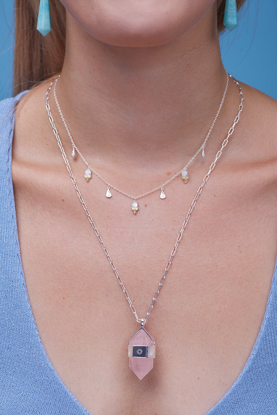 Silver Rose Quartz Pendulum Necklace being worn