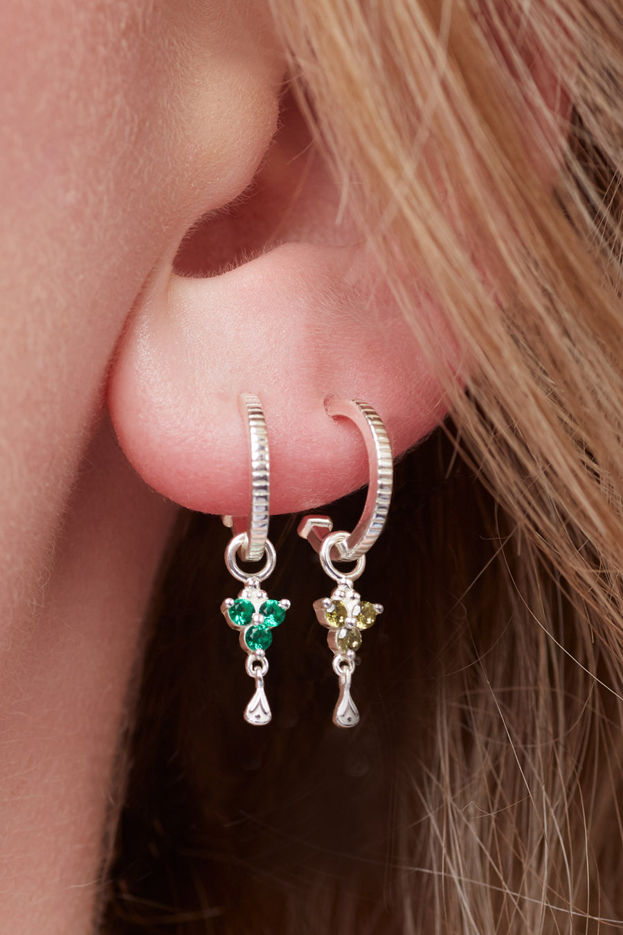 Silver Birthstone Hoops - May/Emerald