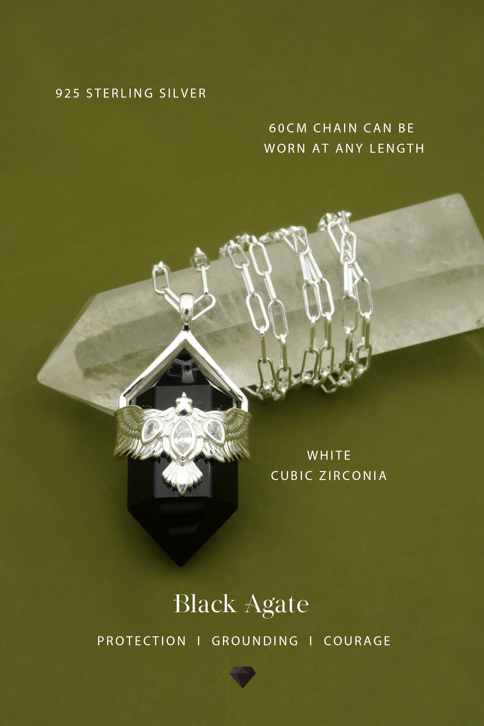 Black Agate Soar Necklace - Silver