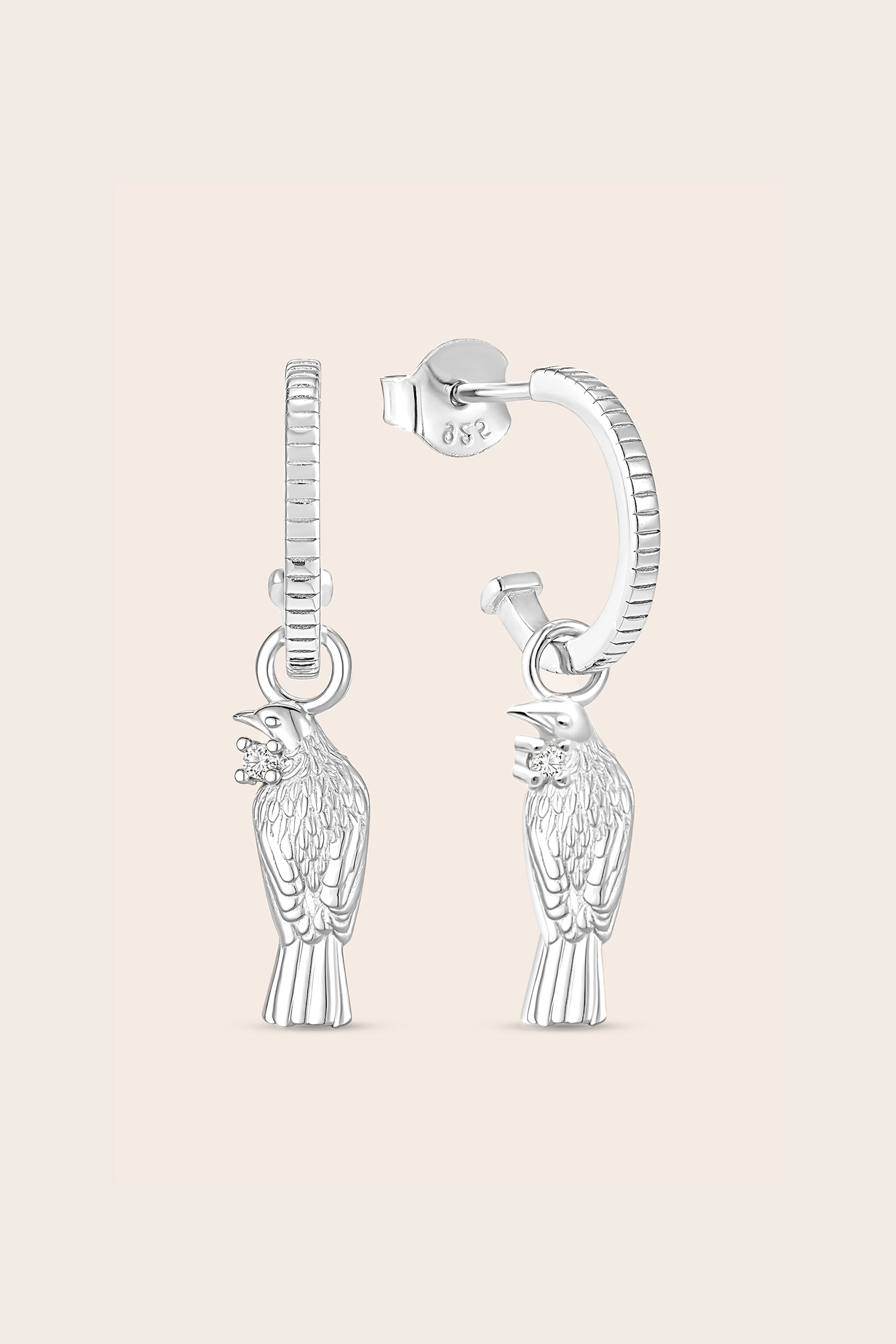 Silver Tui hoop earrings with nz native bird designs on a light pink background