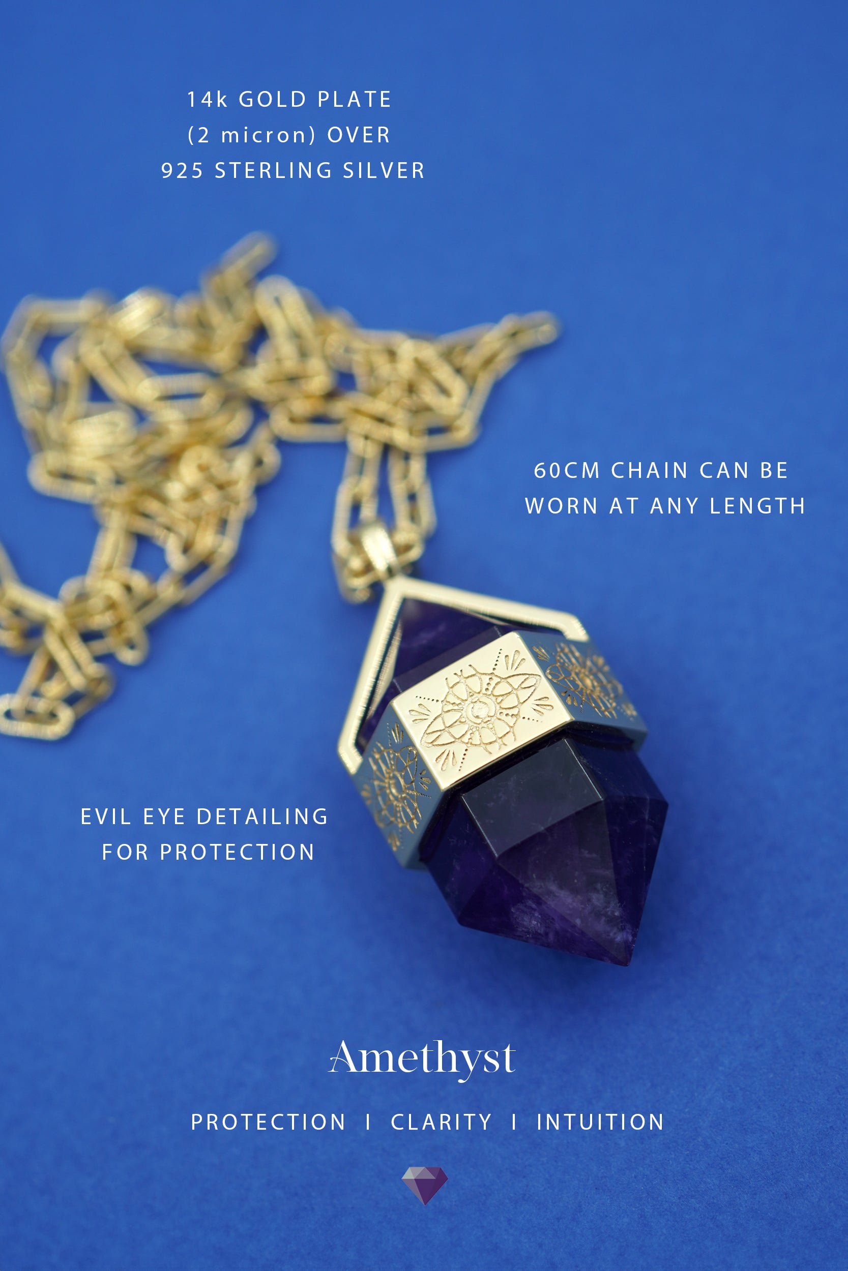 Amethyst necklace with gold detailing on a blue background