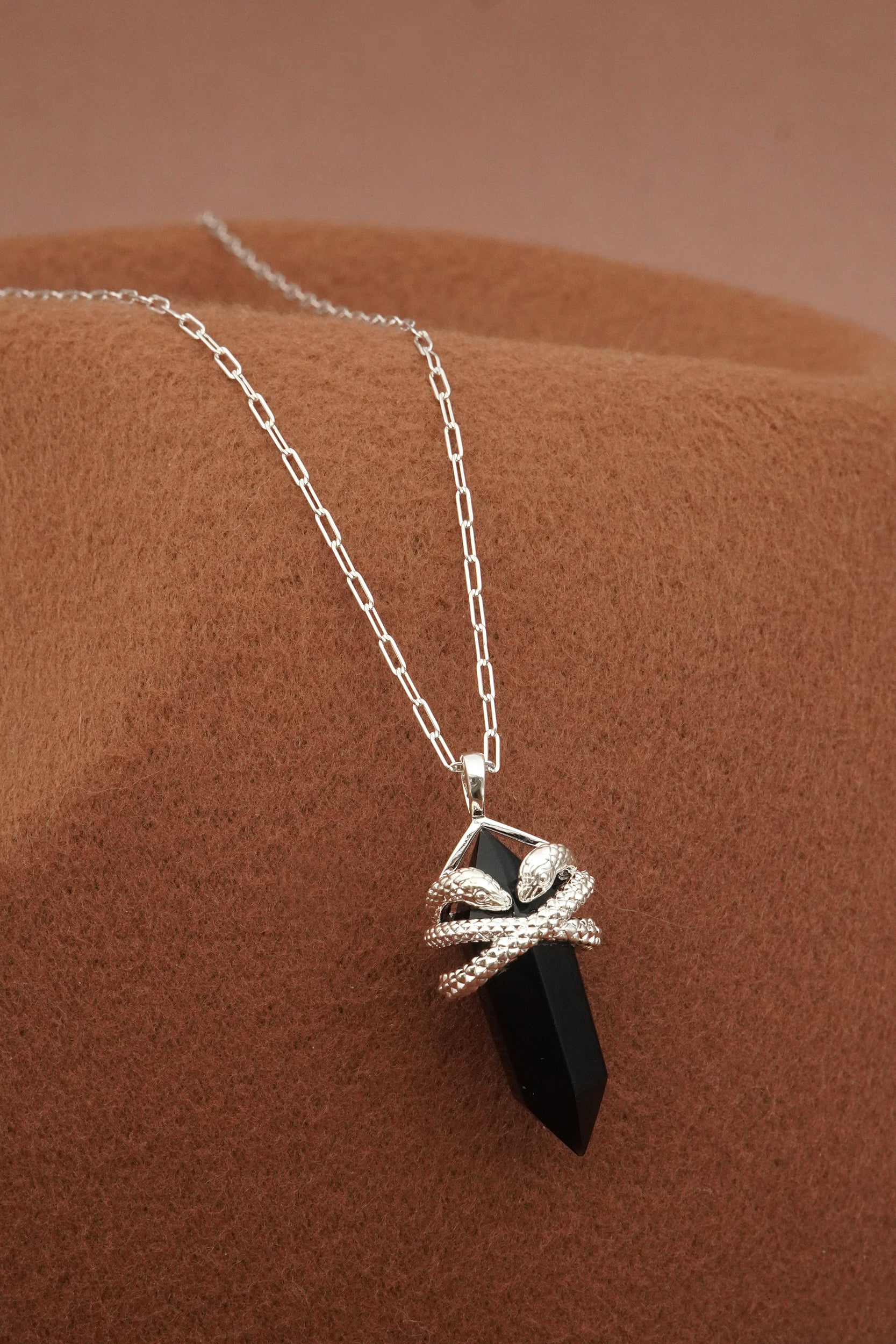 Black Agate Sacred Serpent Necklace - Silver