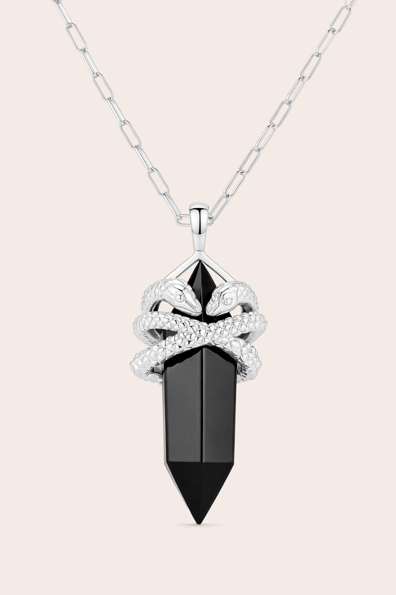 Black Agate Sacred Serpent Necklace - Silver