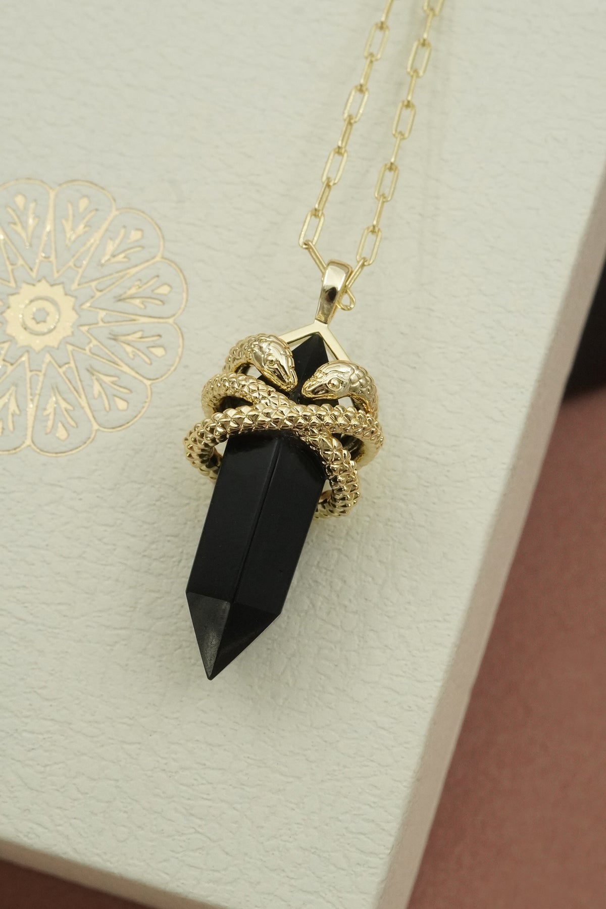 Black Agate Sacred Serpent Necklace - Gold