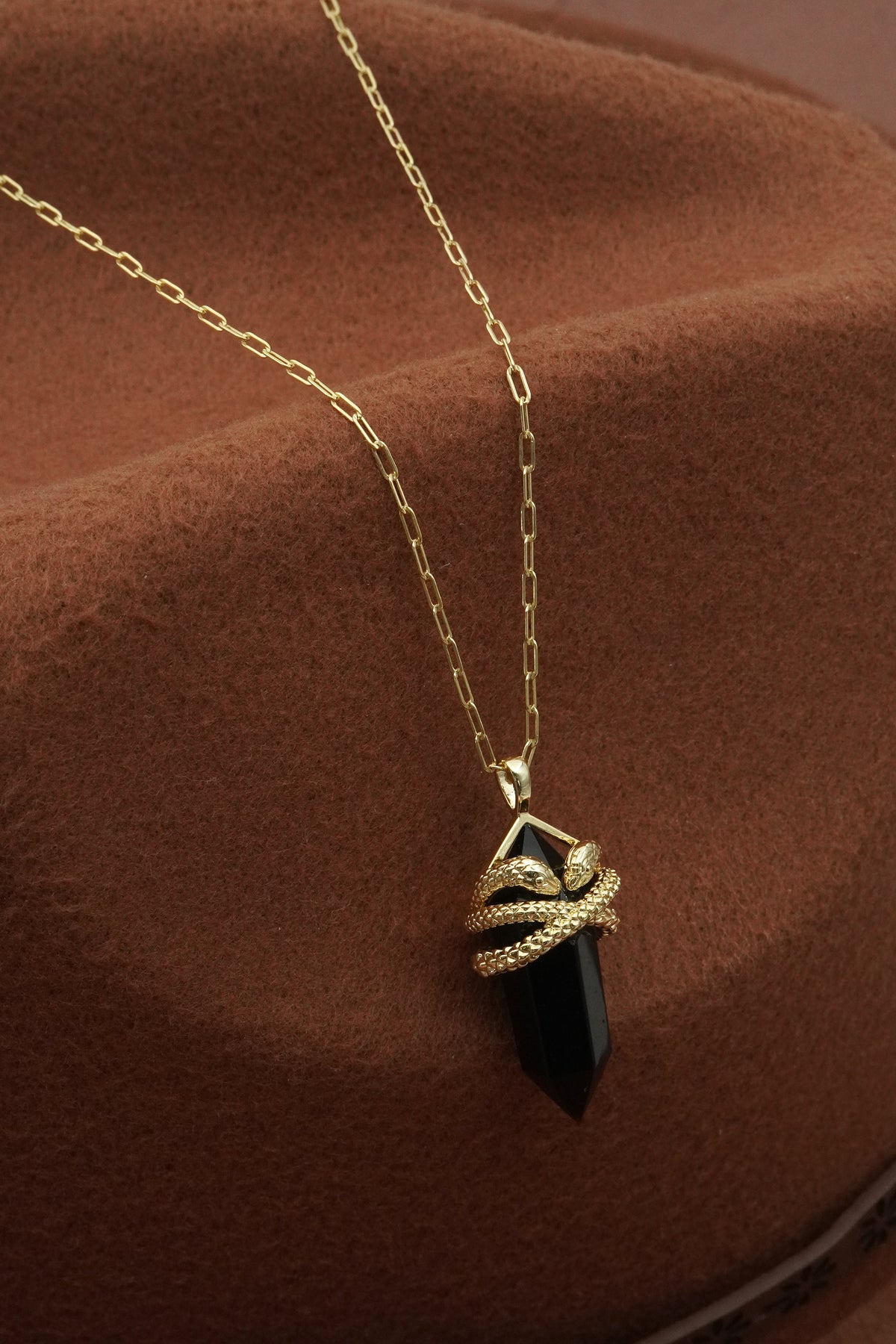 Black Agate Sacred Serpent Necklace - Gold