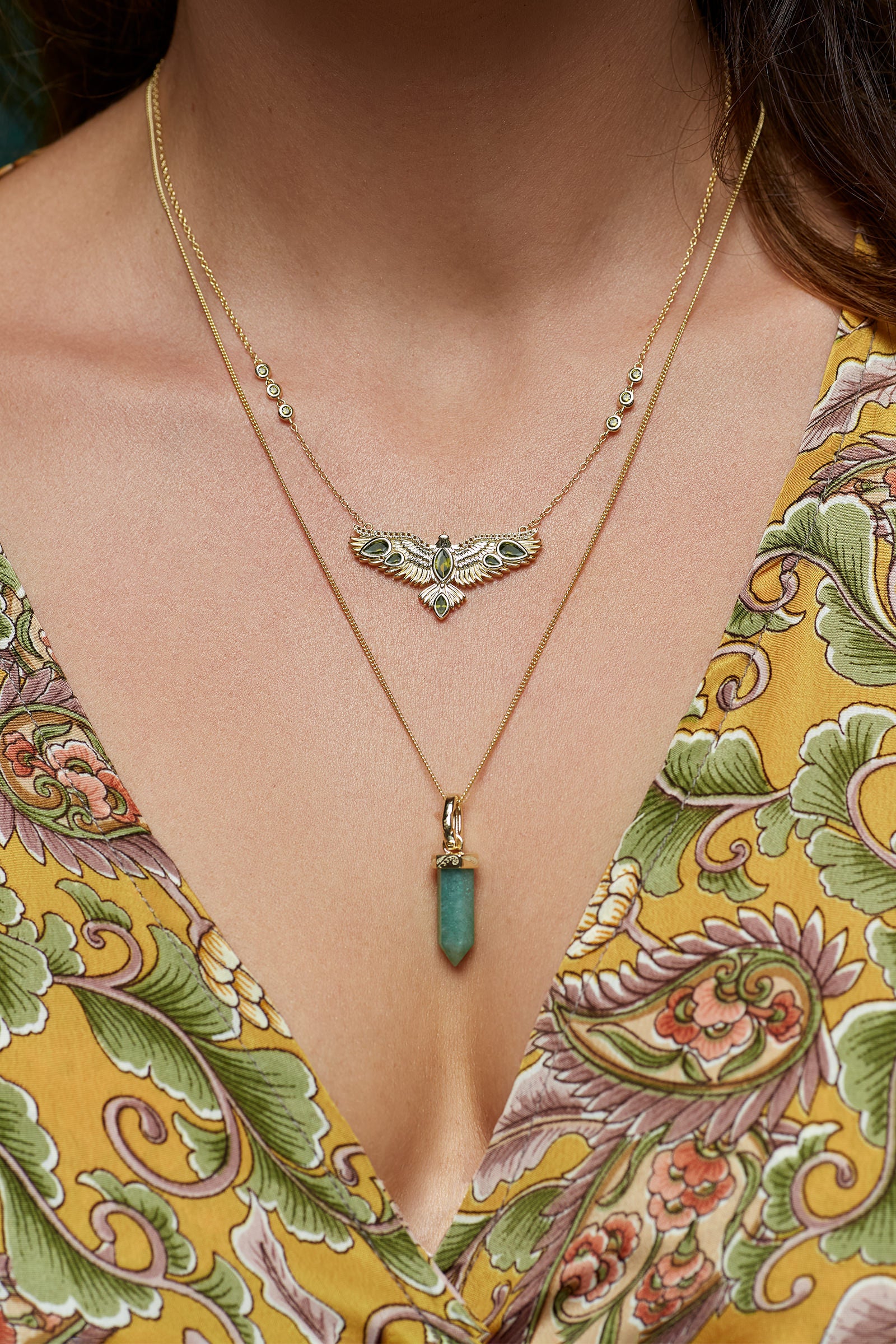 Soar Crystal Necklace Green- Gold