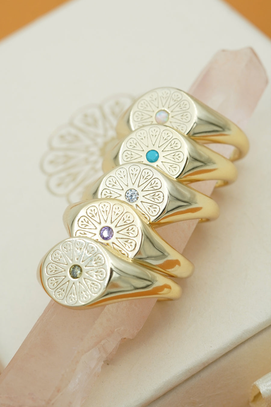 Gold Citrine November Signet Birthstone stacked on down with other rings