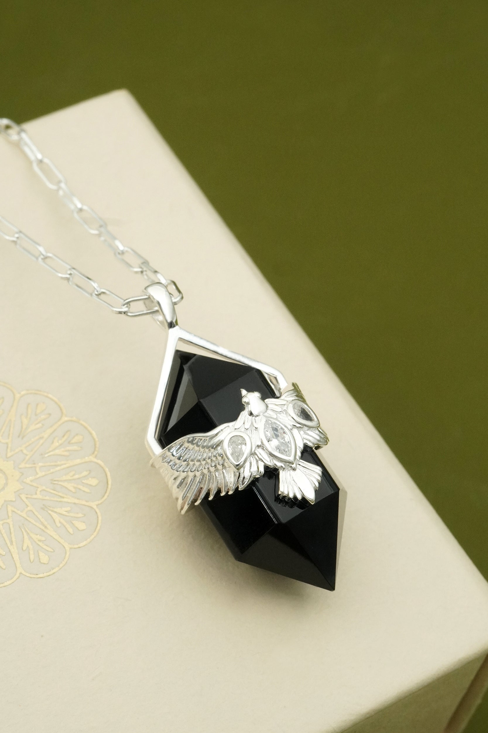 Black gemstone pendant with silver eagle bird design on a necklace, displayed on a beige box with a green background.