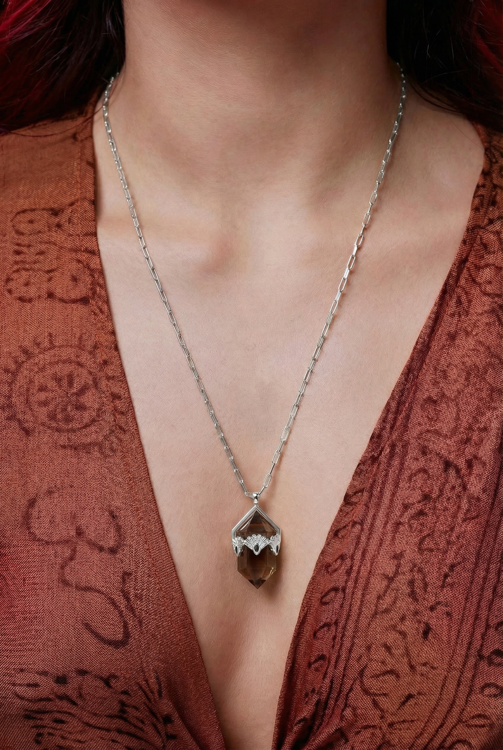 Smoky Quartz Fantail Necklace - Silver