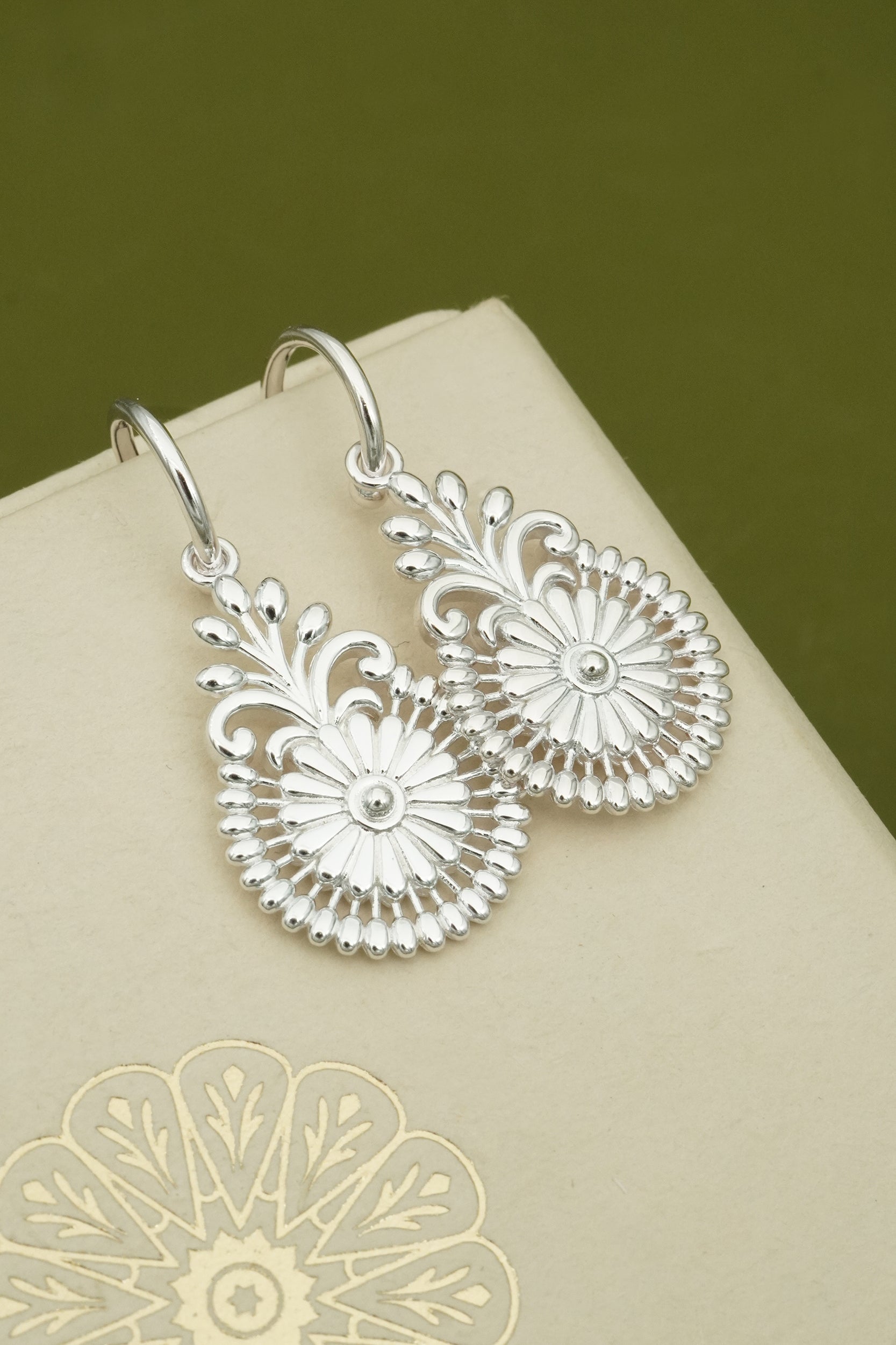 Silver floral earrings on a textured surface with a green background