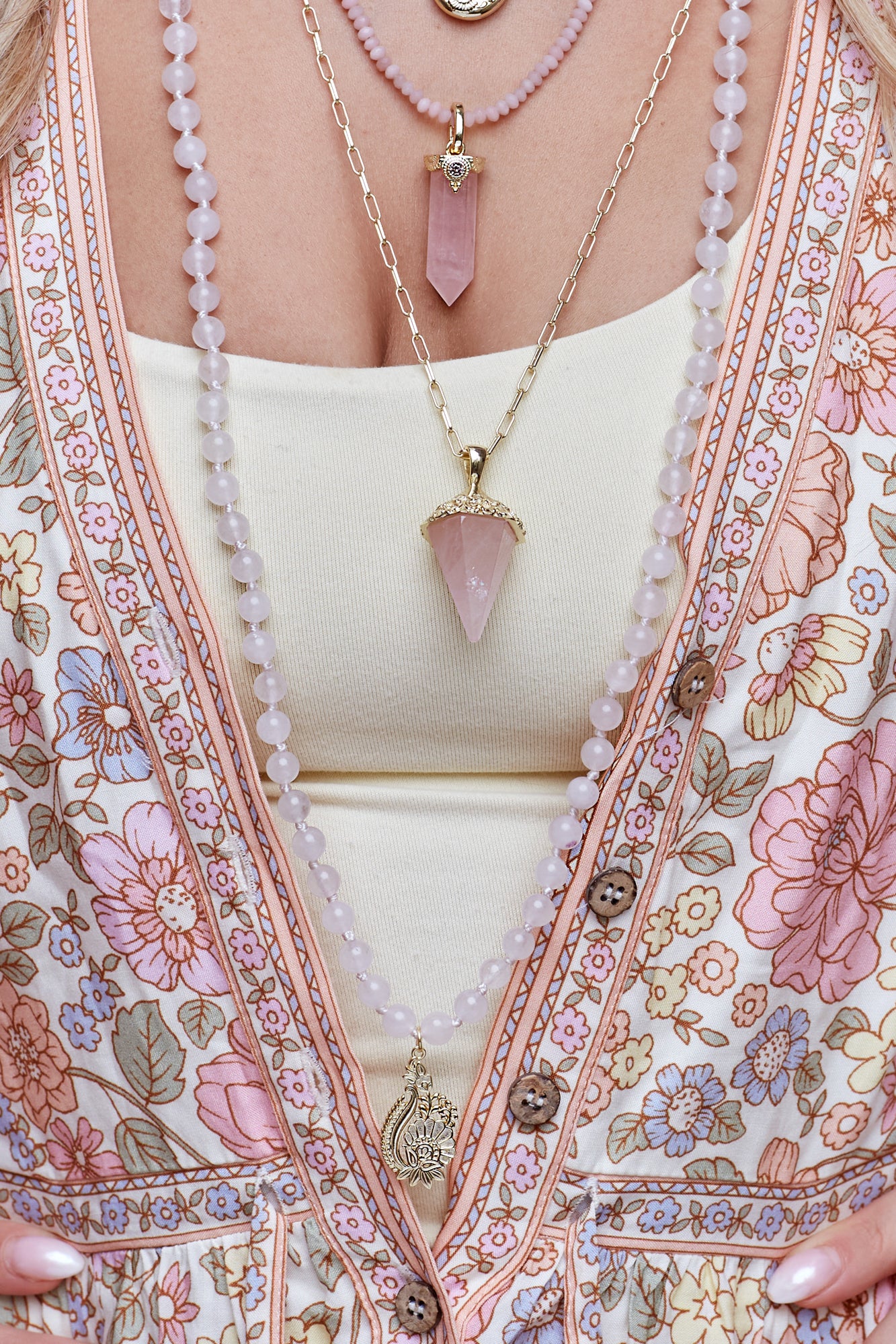 In Bloom Rose Quartz Mala Necklace - Gold