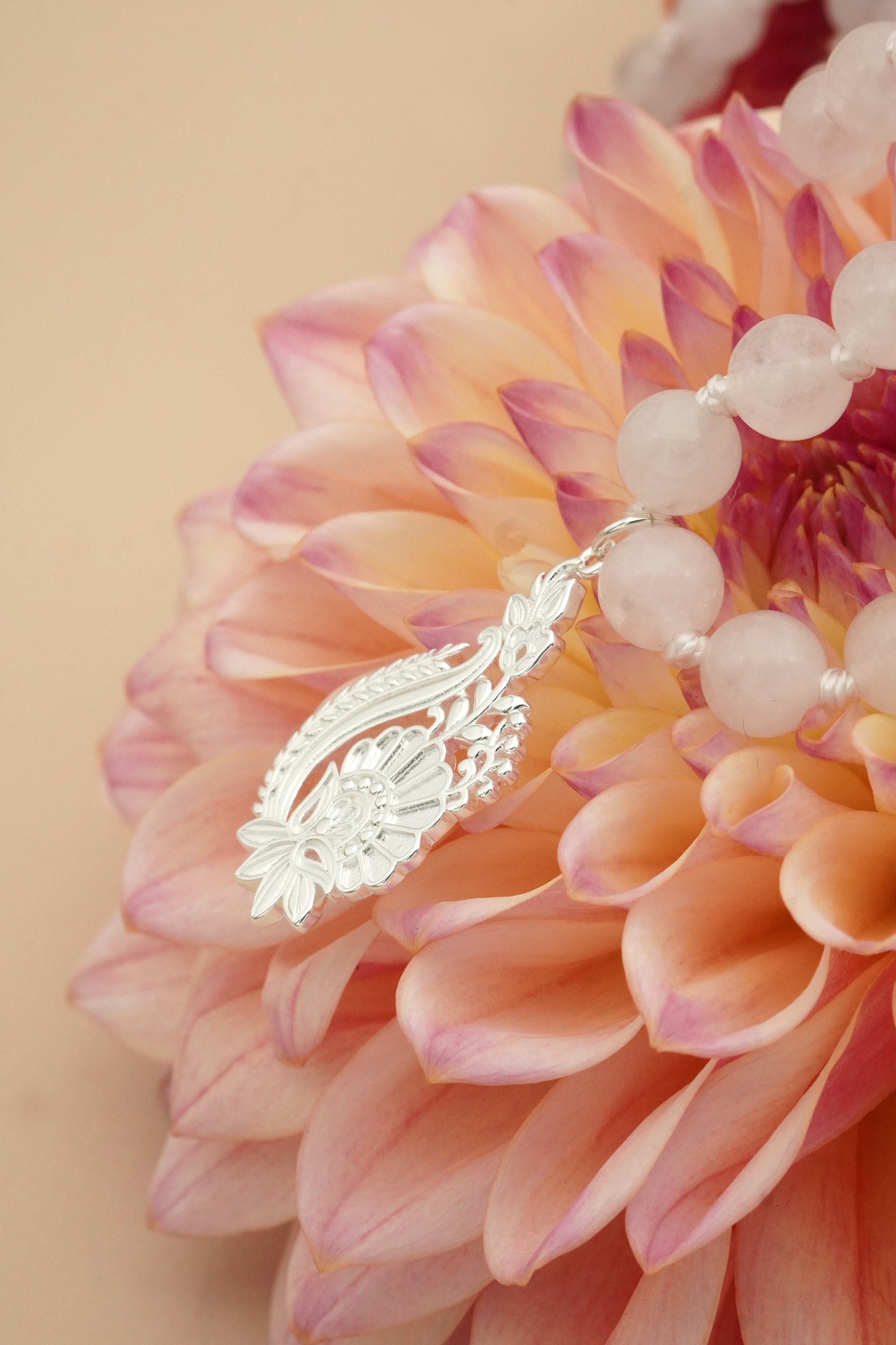 In Bloom Rose Quartz Mala Necklace - Silver