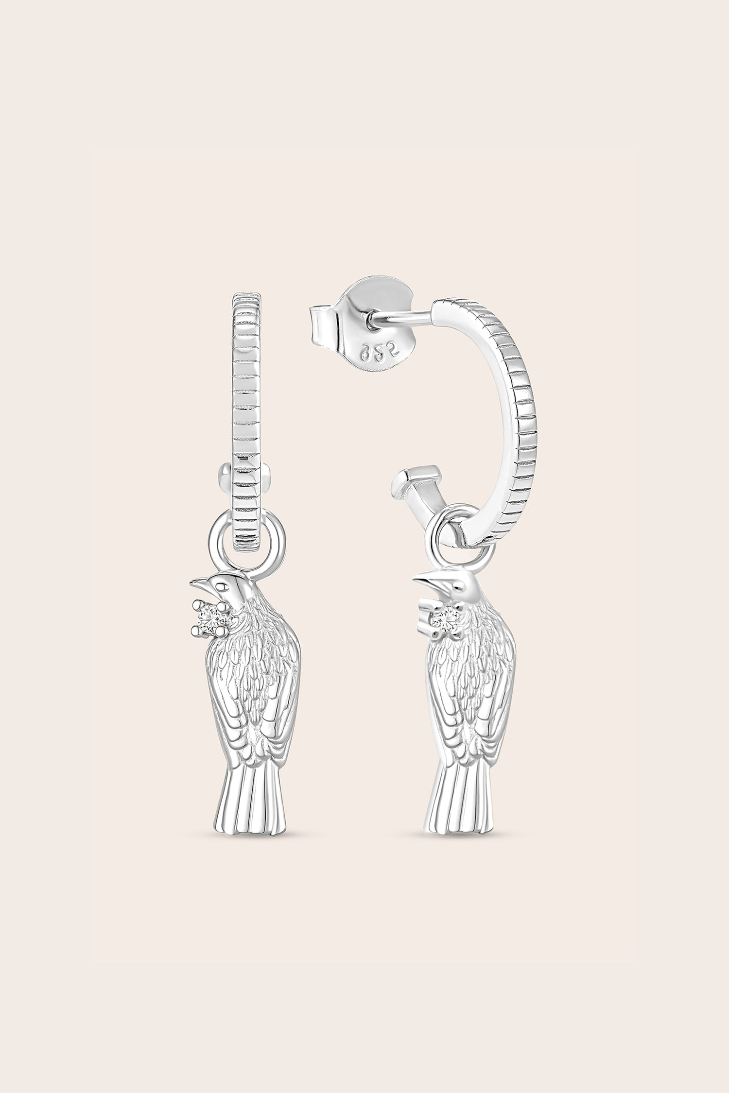 Silver Tui hoop earrings with nz native bird designs on a light pink background