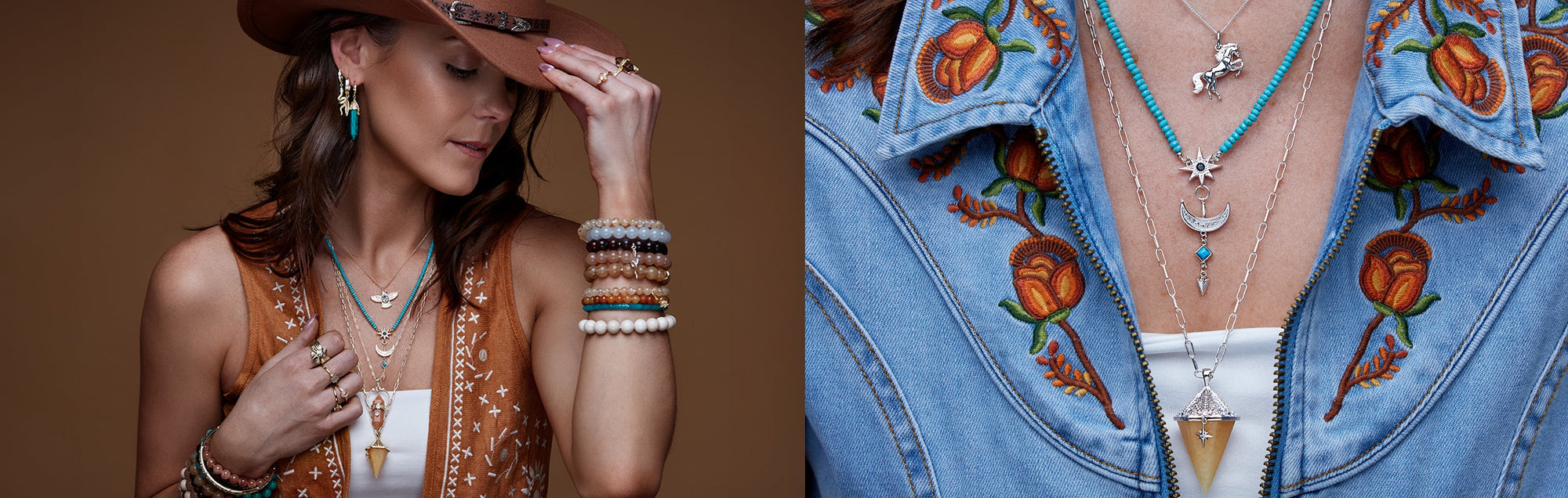A split-screen lifestyle image showcasing bohemian-style jewelry. The left panel features a woman wearing a brown cowboy hat, a brown embroidered vest, and layered gold necklaces with turquoise and silver charms.