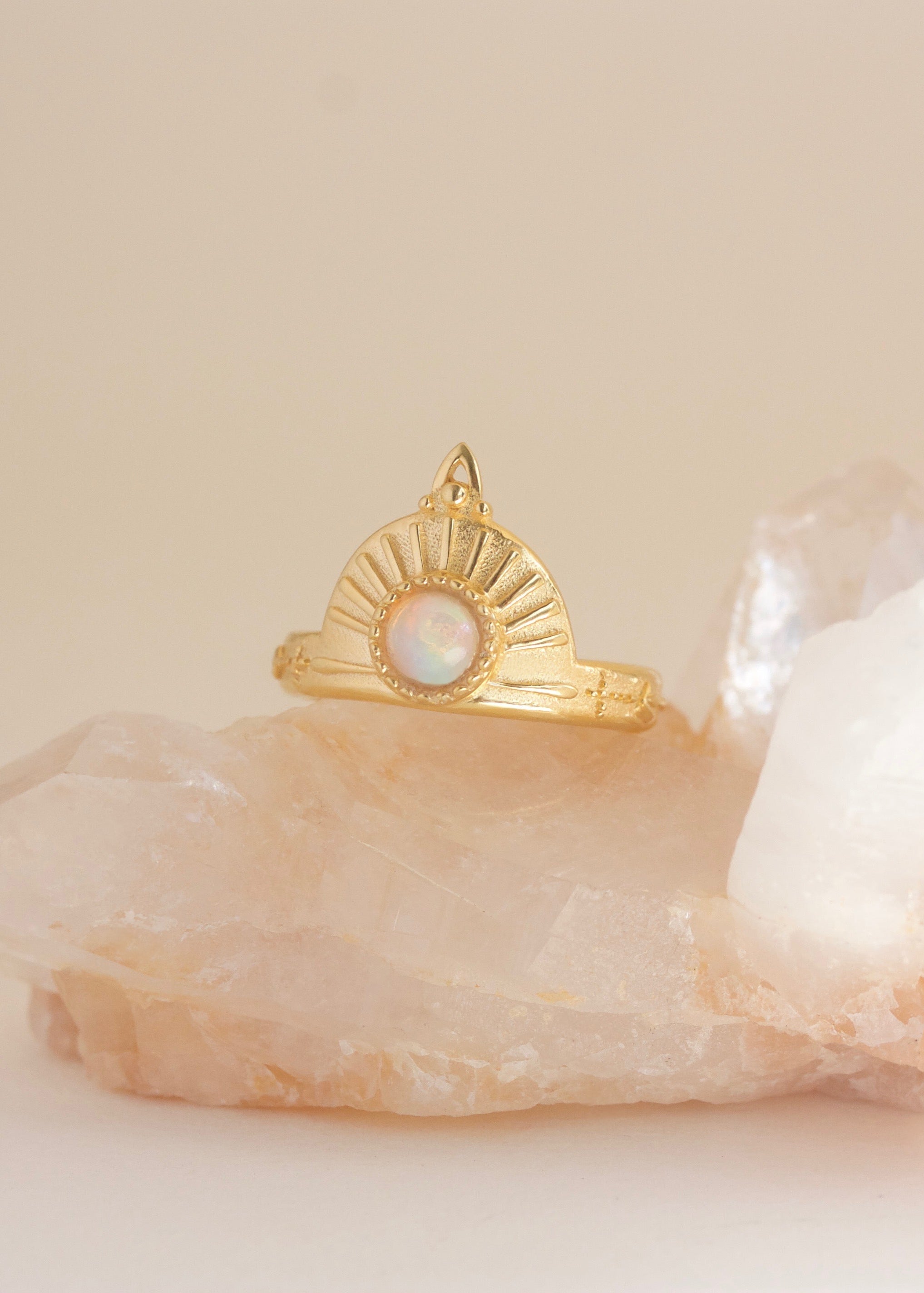 opal ring designed in NZ on peach crystal